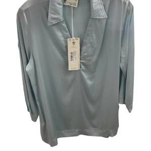 NEW EUROPEAN CULTURE women's collared v neck long sleeve blouse in light blue